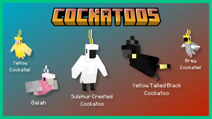 Five blocky cockatoo species in-game