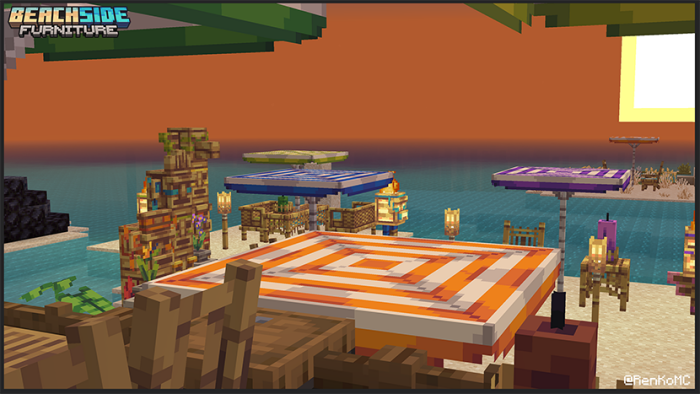 Beach-themed blocks near the ocean.
