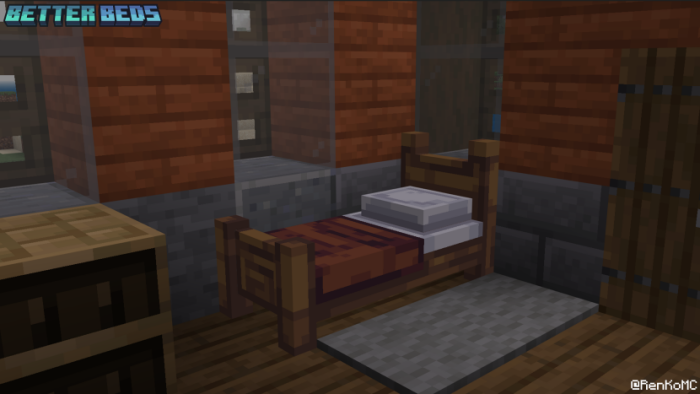 3D wooden bed in a blocky room.