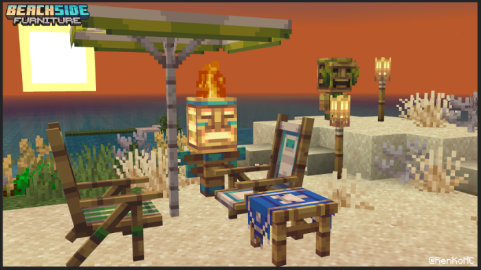 Beachside chairs and tiki torches at sunset.