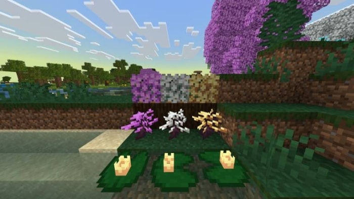 Colorful plants and blocks by a pond.