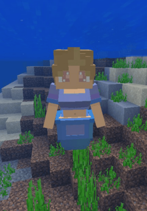 Pixel mermaid swimming underwater.