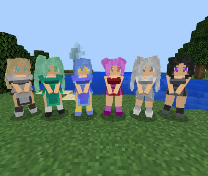 Colorful mermaid characters by the water.