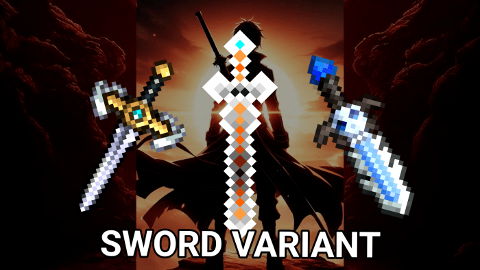 Unique pixel swords with a silhouetted figure.