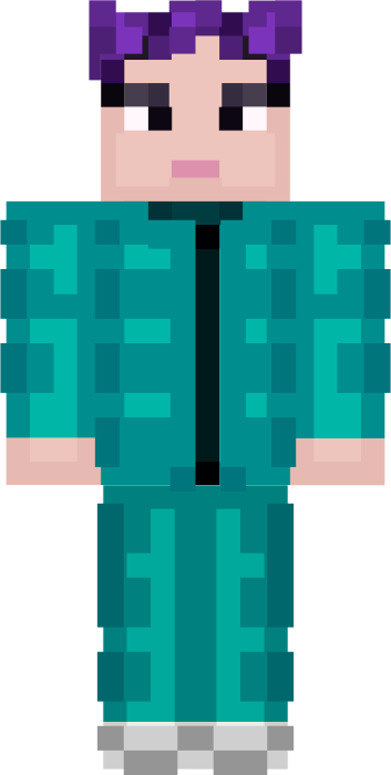 Pixel character in teal tracksuit with purple hair