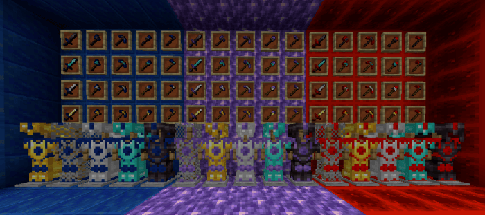 Armors and tools displayed on colorful walls.