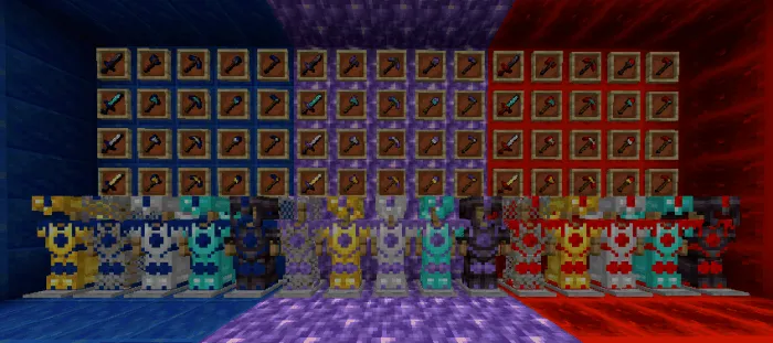 Armors and tools displayed on colorful walls.