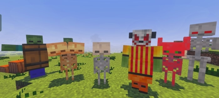 Six colorful undead mobs standing on grass.