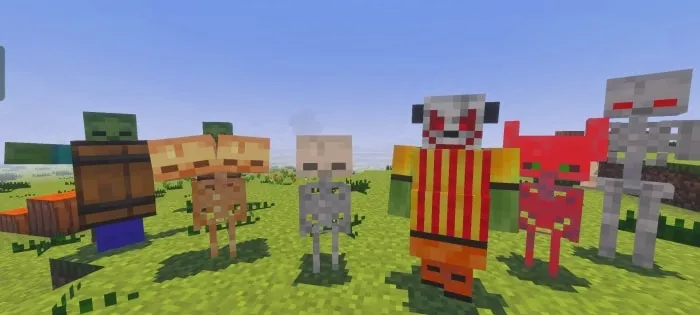 Six colorful undead mobs standing on grass.