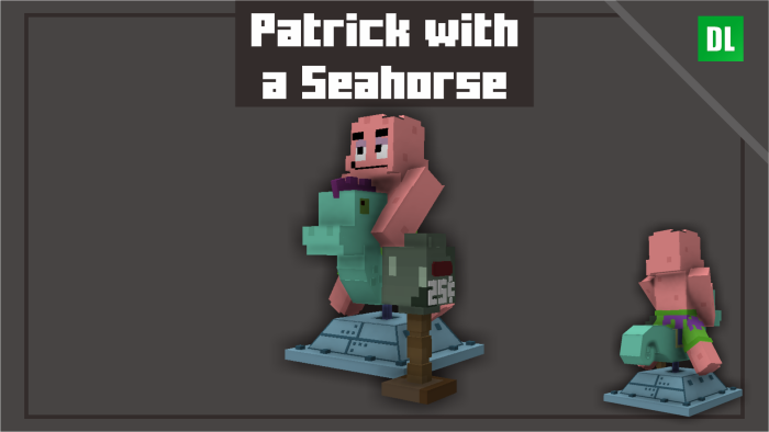Patrick rides a pixelated seahorse.