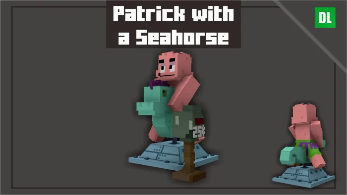 Patrick rides a pixelated seahorse.
