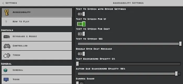 ALT Accessibility settings menu with new fonts