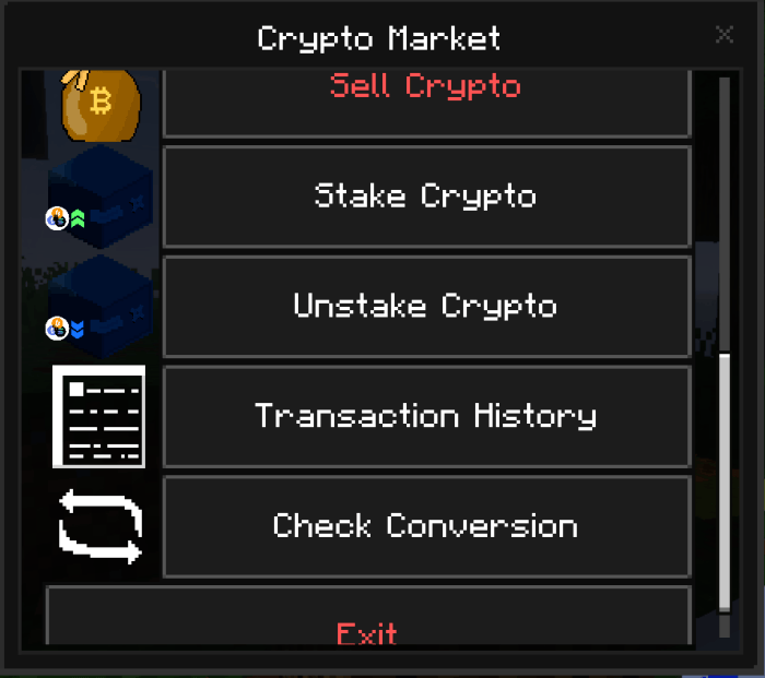 Crypto market menu options display.