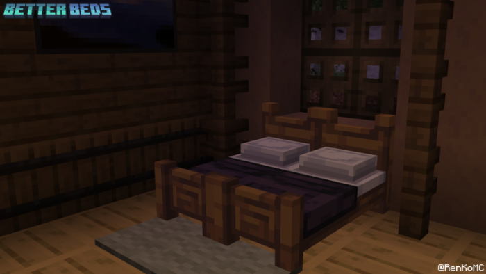 3D wooden bed with pillows and rug.