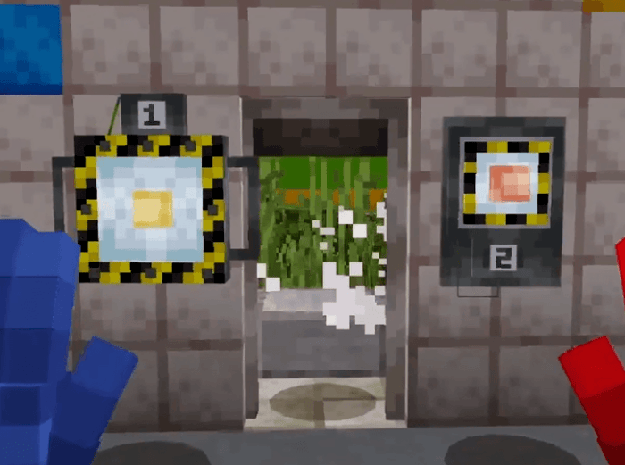 Blue and red hands in a blocky doorway.