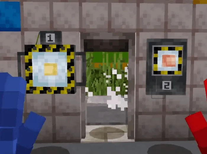Blue and red hands in a blocky doorway.
