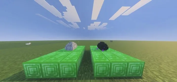 Two dragon eggs on emerald blocks.