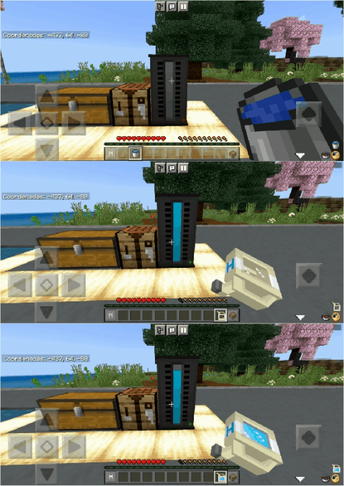 1. Player refuels machine beside chests 2. Fuel gauge rises with new canister 3. Machine fully refueled, gauge at max