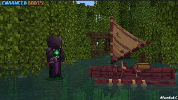 Character beside upgraded wooden boat.