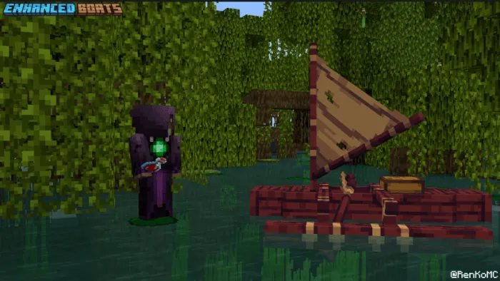 Character beside upgraded wooden boat.