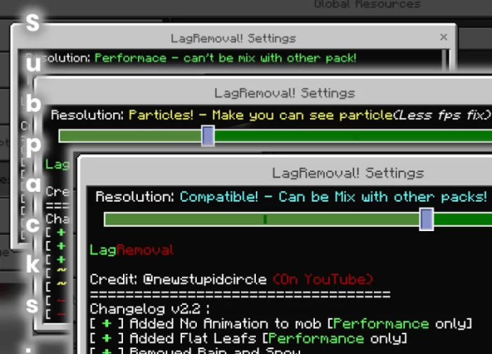 Settings menu for LagRemoval pack.