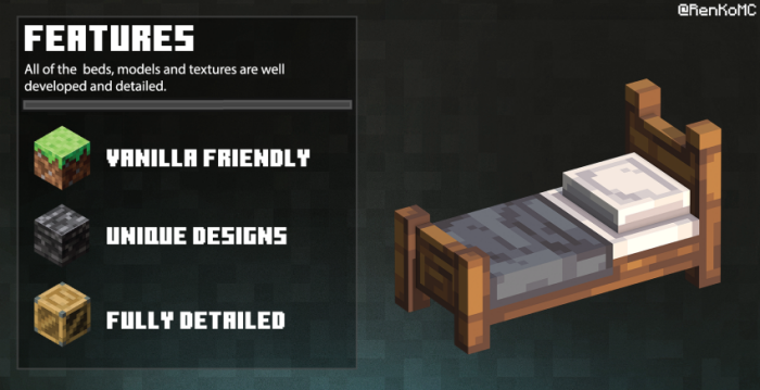 3D bed with features list displayed.