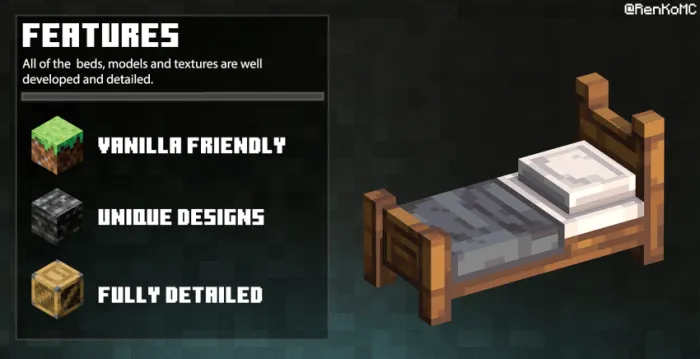 3D bed with features list displayed.