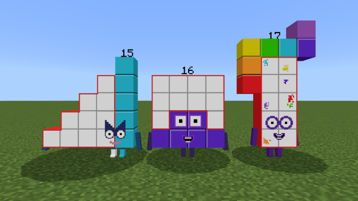 Three colorful Numberblocks characters standing.