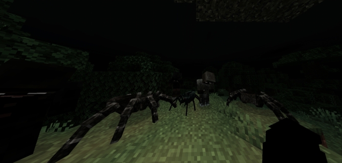 Dark forest with spiders and a figure.
