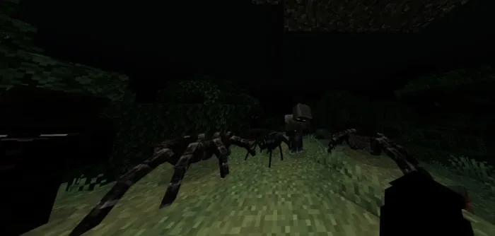 Dark forest with spiders and a figure.