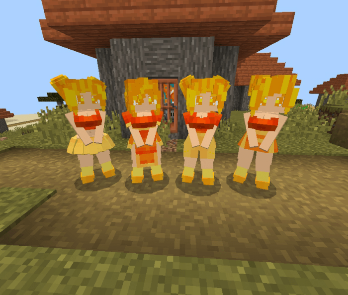 Four stylized mermaids standing together.