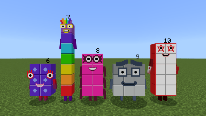 Numberblock characters 6 to 10 in a row.