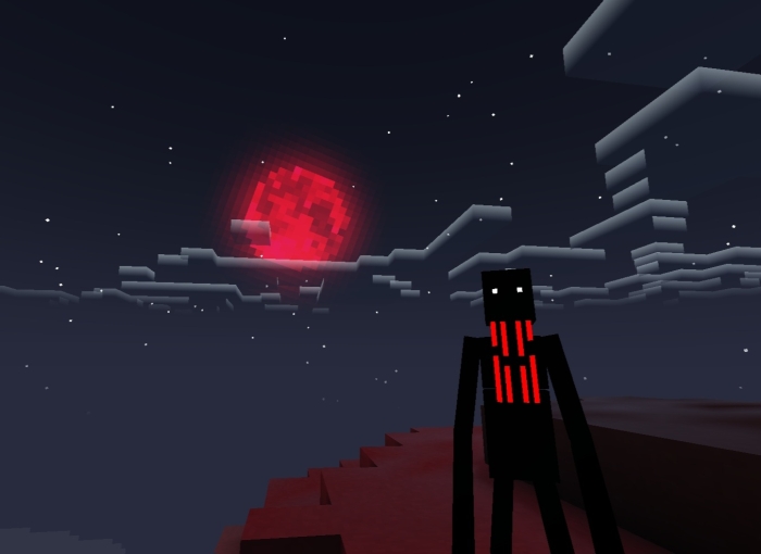 Dark figure under eerie red moon.