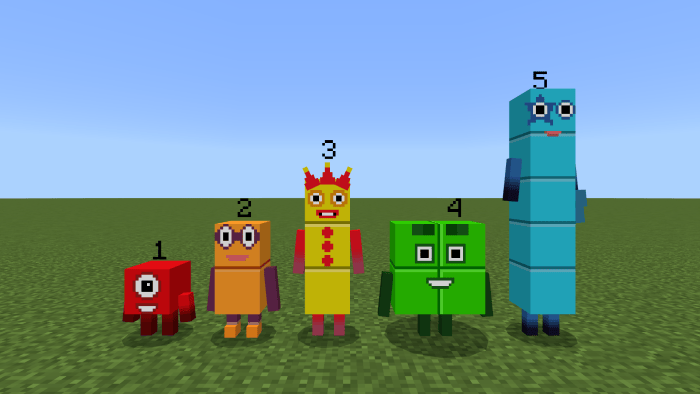 Colorful number characters on grass.