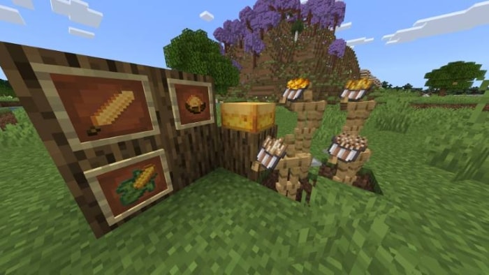 Game items and torches on a grass field.