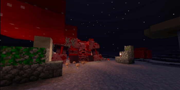 Night scene with giant red creatures.