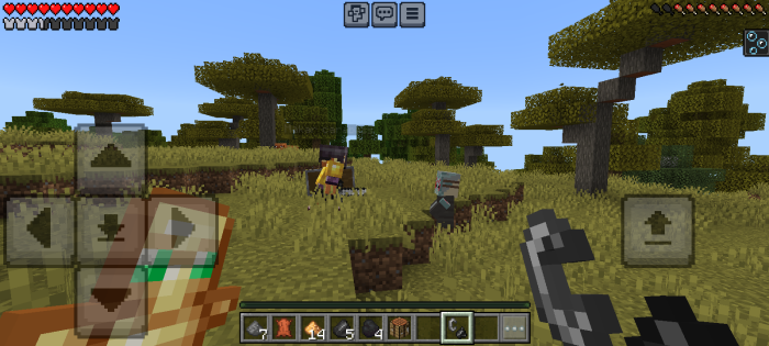 Players face hostile mobs in a savanna.