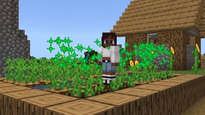 Character farming in blocky garden.