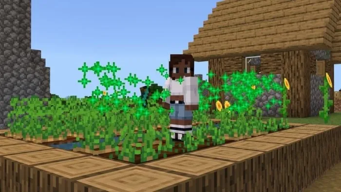 Character farming in blocky garden.