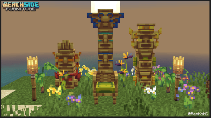 Tropical totems and tiki torches display.