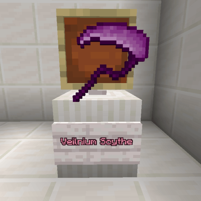Purple scythe displayed on a pedestal