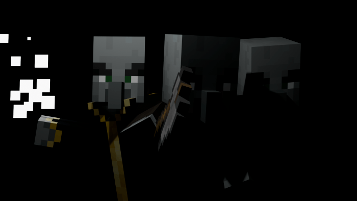Blocky character and shadowy monster face off