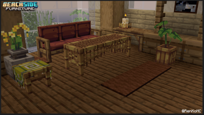 Tropical-themed room with wooden furniture.