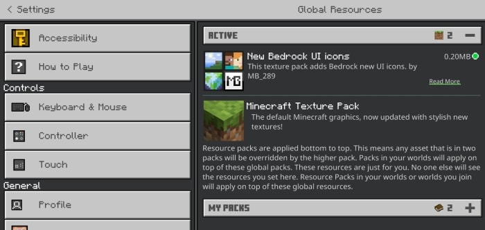 Settings menu with UI and texture packs.