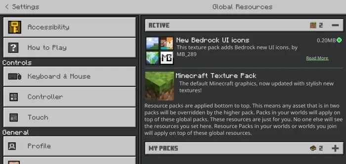 Settings menu with UI and texture packs.