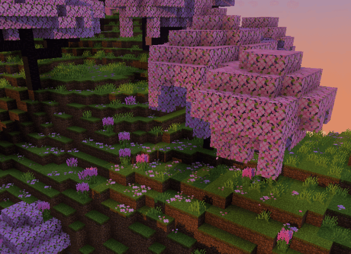 Blocky landscape with pink foliage.