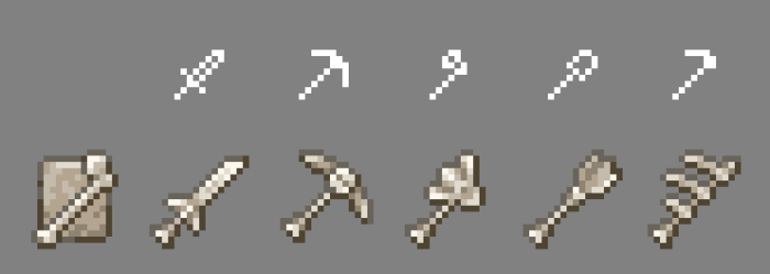 Bone-themed pixel art tools and weapons