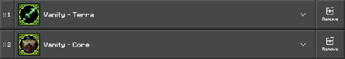 1. Green and black tool icon, Terra mod 2. Brown shield icon, Core mod