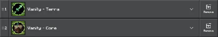 1. Green and black tool icon, Terra mod 2. Brown shield icon, Core mod
