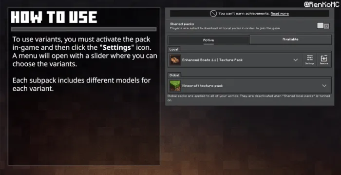 Instructions for activating texture pack.